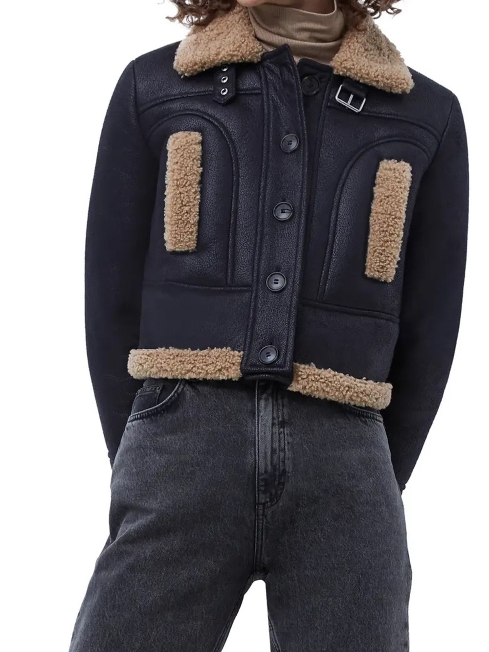 Shearling Lined Aviator Jacket with Tan Trim